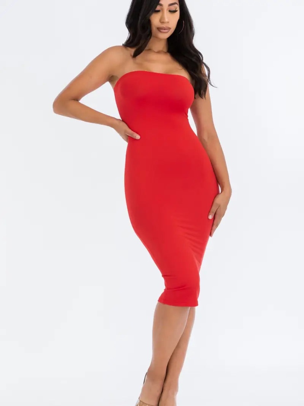 Strapless Bodycon Midi Dress in Red